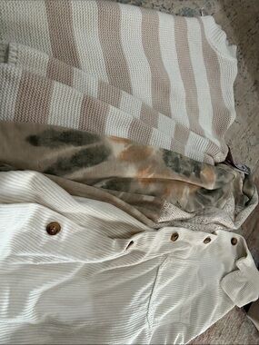 Neutral Knit & Button Front Layered Tops - Cream & Tan Stripes